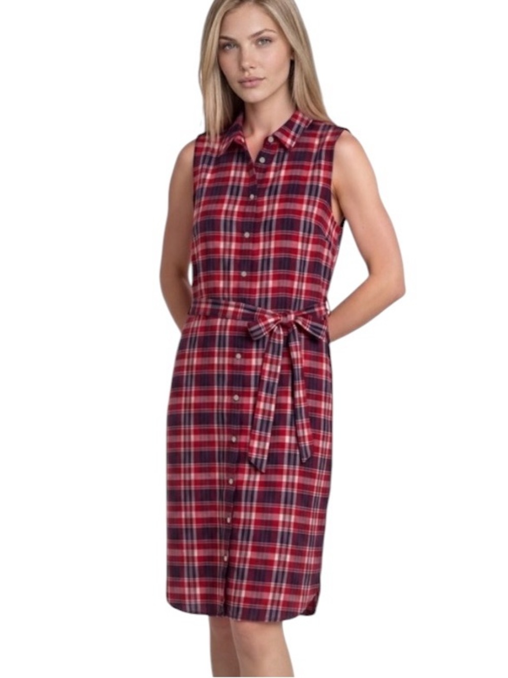 NWT J. Crew Red Navy Blue White Plaid Print Sleeveless Belted Shirt Dress - 2